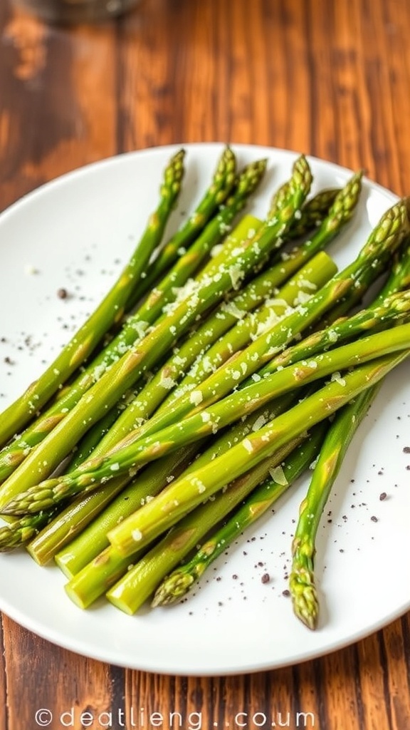 Crispy air fryer asparagus garnished with Parmesan cheese on a white plate.